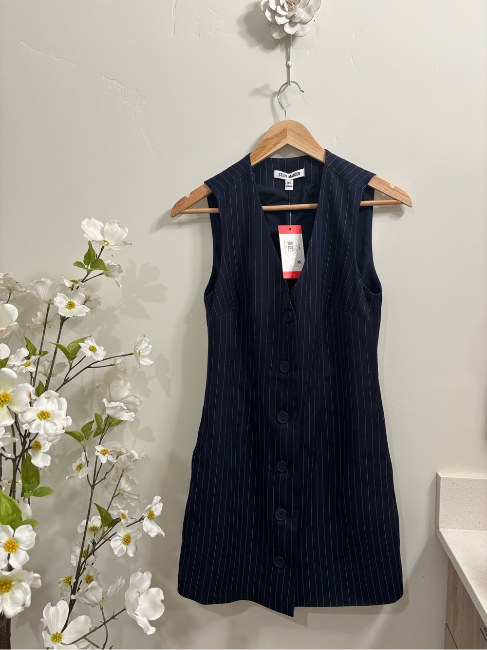 Steve Madden Navy Pinstripe Sleeveless Button Dress